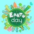 Earth Day greeting card. Cute doodle cartoon Globe image with trees, cities, flowers in vector
