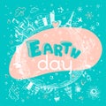 Earth Day greeting card. Cute doodle cartoon Globe image with trees, cities, flowers in vector