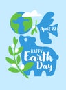 Earth day greeting card with grizzly bear, flying dove holding olive branch and Earth planet globe