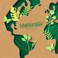 Earth day green paper cut leaf world map card Royalty Free Stock Photo