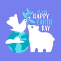 Earth day greeting card with polar bear and white dove holding olive branch while sitting on Earth planet globe Royalty Free Stock Photo