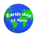 Earth Day greeting card vector icon, blue globe planet Earth wit Royalty Free Stock Photo