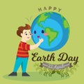 Earth day, happy boy hugging planet, ecology concept of love the world, green and blue globe protection, global eco save Royalty Free Stock Photo
