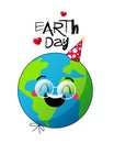 Earth Day. Happy planet Earth in round glasses and a festive hat on a string. Design elements for a postcard, banner or poster