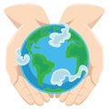 Earth day, happy planet surrounded by clouds in hands of man, globe on open palms, ecology world concept, green and blue