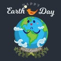 Earth day, happy planet surrounded by clouds looks at bird, ecology world concept , green and blue globe protection Royalty Free Stock Photo