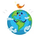 Earth day, happy planet surrounded by clouds looks at bird, ecology world concept , green and blue globe protection