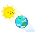 Earth day, happy sun heats earth with its yellow warm rays, ecology concept of love the world, green and blue globe
