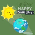 Earth day, happy sun heats earth with its yellow warm rays, ecology concept of love the world, green and blue globe Royalty Free Stock Photo