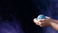 Earth day holiday concept.Close up image of human hands holding planet earth against space background.Environment concept Royalty Free Stock Photo