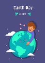 Earth Day holiday. Nature and ecology background. boy hugging earth planet between hearts, stars. vector Earth Day illustration. Royalty Free Stock Photo