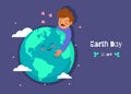 Earth Day holiday. Nature and ecology background. boy hugging earth planet between hearts, stars. vector Earth Day Royalty Free Stock Photo