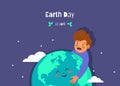 Earth Day holiday. Nature and ecology background. boy hugging earth planet between hearts, stars. vector Earth Day illustration. Royalty Free Stock Photo