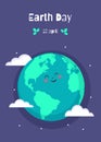 Earth Day holiday. Nature and ecology background. Cartoon earth planet between hearts, stars. vector Earth Day