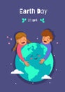 Earth Day holiday. Nature and ecology background. girl and boy hugging earth planet between hearts, stars. vector Earth Day