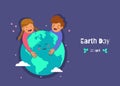 Earth Day holiday. Nature and ecology background. girl and boy hugging earth planet between hearts, stars. vector Earth Day