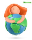Earth day icon. Little girl hugs the planet. 3d vector object. Handmade plasticine illustration Royalty Free Stock Photo
