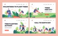 Earth Day Landing Page Template Set. Volunteer Characters Planting Trees. People Working in Garden, World Environment