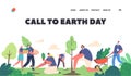 Earth Day Landing Page Template. Volunteer Characters Planting Trees. People Working in Garden, World Environment