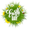 Earth Day Lettering poster with title. Green globe planet with grass and flowers. Vector illustration Royalty Free Stock Photo