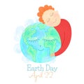 Earth Day. Man hug globe. Save our planet. Hand drawn textured smiling characters. Ecology concept. Eco friendly design Royalty Free Stock Photo