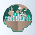 Earth Day paper cut style. Eco Friendly, green city nature and renewable energy concept.