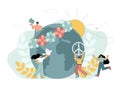 Earth Day and Peace Day concept. Pacifism. Small people, globe, dove. Royalty Free Stock Photo