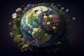 Earth Day. Planet Mother Earth with flowers growing from the from the continents. America, oceans, lands. The environment.