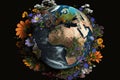 Earth Day. Planet Mother Earth with flowers growing from the from the continents. America, oceans, lands. The environment.