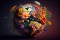 Earth Day. Planet Mother Earth with flowers growing from the from the continents. America, oceans, lands. The environment.