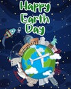 Earth day poster design with buildings on earth Royalty Free Stock Photo