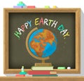 Earth Day poster. School blackboard with color chalk text Happy Earth Day around globe, pile of books on desk. Cartoon