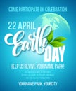 Earth Day poster. Vector illustration with the Earth day lettering, planets and green leaves Royalty Free Stock Photo