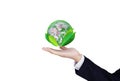 Earth day, Protect the world with environment and Eco-friendly business. Businessman hand holding globe with leaves,  on w Royalty Free Stock Photo