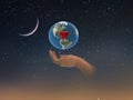 Earth day with red heart sumbol in hands on front blue starry sky nebula hold world peace globe concept nature background