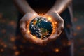 Earth day reflection Hands present globe, symbolizing energy consumption awareness at night