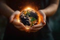 Earth day reflection Hands present globe, symbolizing energy consumption awareness at night