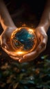 Earth day reflection Hands present globe, symbolizing energy consumption awareness at night