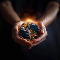 Earth day reflection Hands present globe, symbolizing energy consumption awareness at night