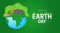 Earth Day Save the Planet Illustration with Globe and Animals. Lion, Giraffe, Elephant Design on Green Background