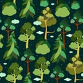 Earth Day. Seamless pattern with trees and clouds in the background of the starry sky. Pine, spruce, linden, birch. Royalty Free Stock Photo