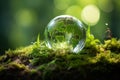 Earth Day Serenity. Green Globe Amidst Enchanting Forest, Moss, and Abstract Sunlight Bliss