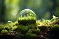 Earth Day Serenity. Green Globe Amidst Mossy Forest, Bathed in Soft Filtered Sunlight