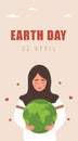 Earth day stories template. Cute arabian girl holding Planet with care and love. Banner, brochure and poster design