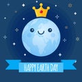 Earth Day vector background. Cartoon globe with golden crown and stars for April 22 celebration. Ecology theme Royalty Free Stock Photo