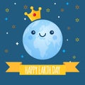 Earth Day vector background. Cartoon globe with golden crown and stars. Cute cheerful smiling planet. Illustration for