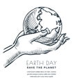 Earth Day vector sketch illustration. Hands holding globe. Banner or poster design template for ecology themes Royalty Free Stock Photo