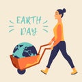 Earth day, woman with barrow wheel vector