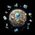 Earth densely covered in garbage, with various types of waste floating in space around it, concept of global pollution