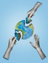 Earth destruction concept. Hands tearing the Earth on a blue background. Earth Day. Art collage Royalty Free Stock Photo